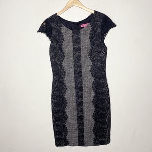 Betsey‎ Johnson Gray Sheath Dress Cap Short Sleeve Black Lace Overlay women’s 8